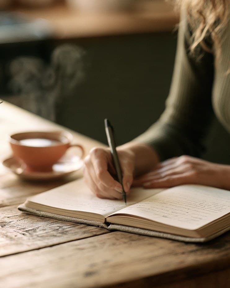 A woman writing in an open notebook at a wooden kitchen table in morning light, a cup of tea and a sprig of rosemary beside her.