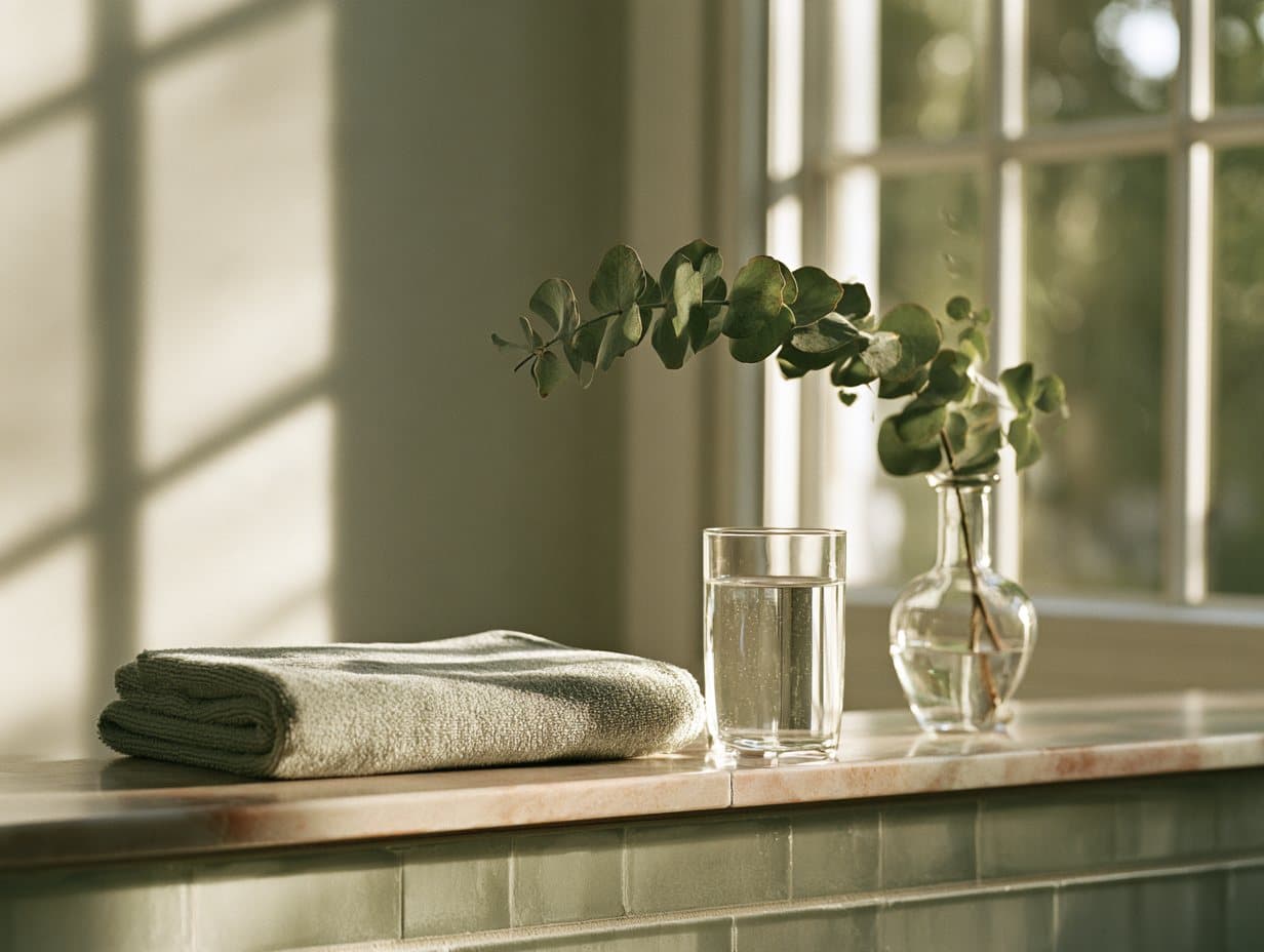 A quiet bathroom shelf in morning light, with a folded sage towel, a glass of water and a sprig of eucalyptus in a small glass vase beside a window.