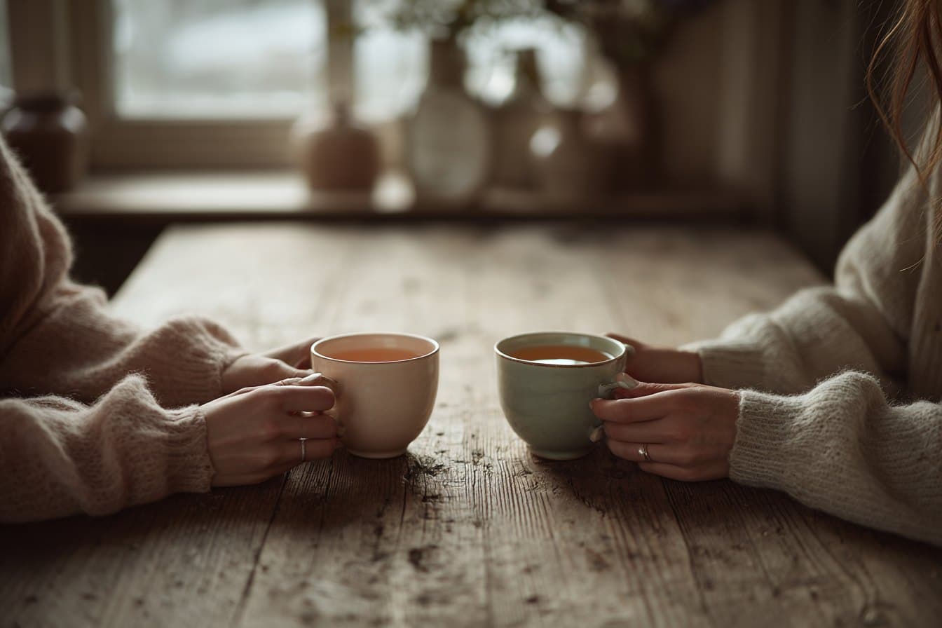 Two women's hands around cups of tea on a wooden table by a window.