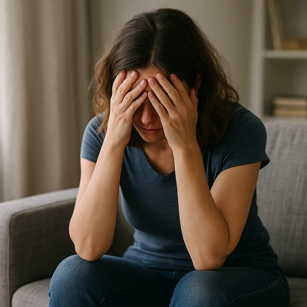 A woman sitting on a sofa, leaning forward with her head in both hands.
