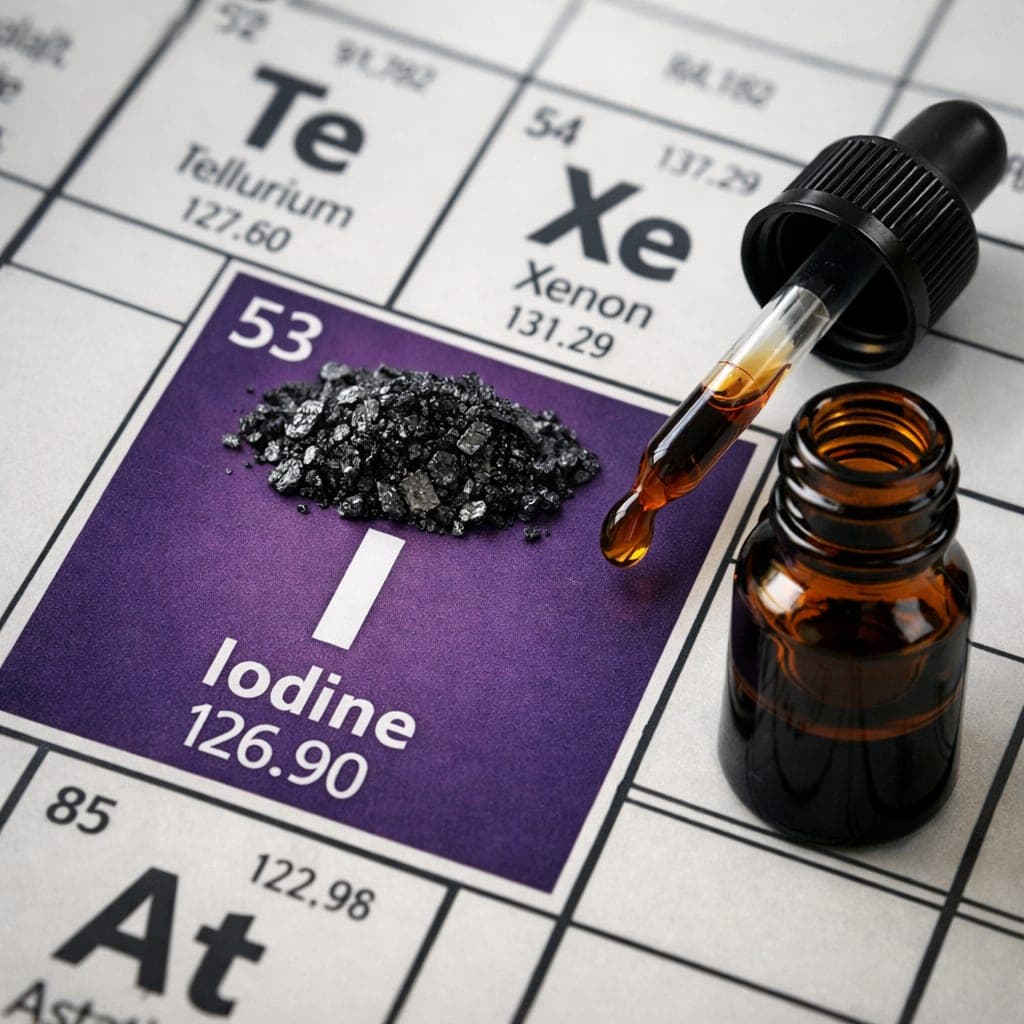 Close-up image of the iodine element highlighted on a periodic table, with a small pile of iodine crystals and a dropper bottle containing liquid iodine.