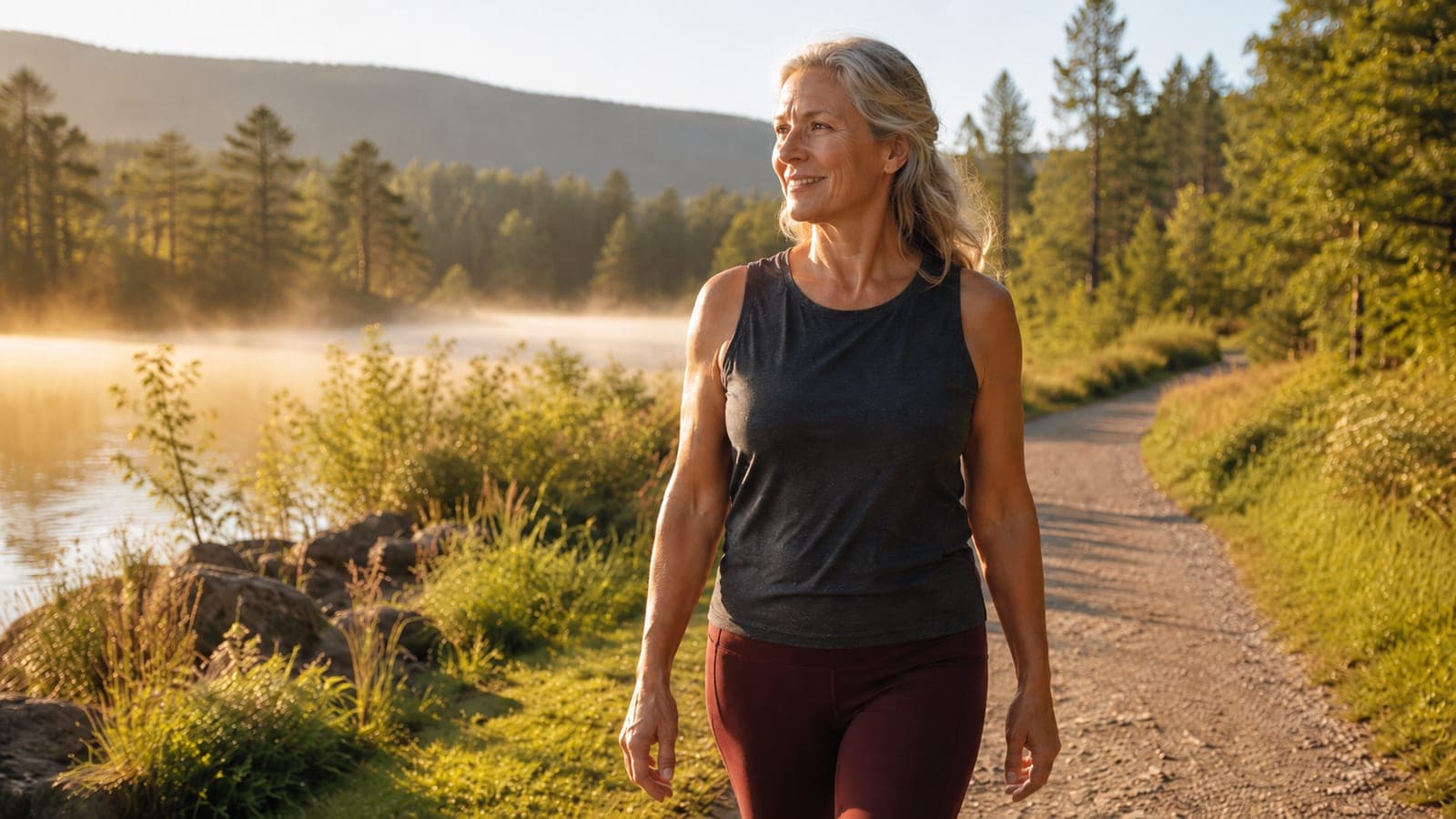 Woman walking in morning sunlight with light weights for osteoporosis and bone health.
