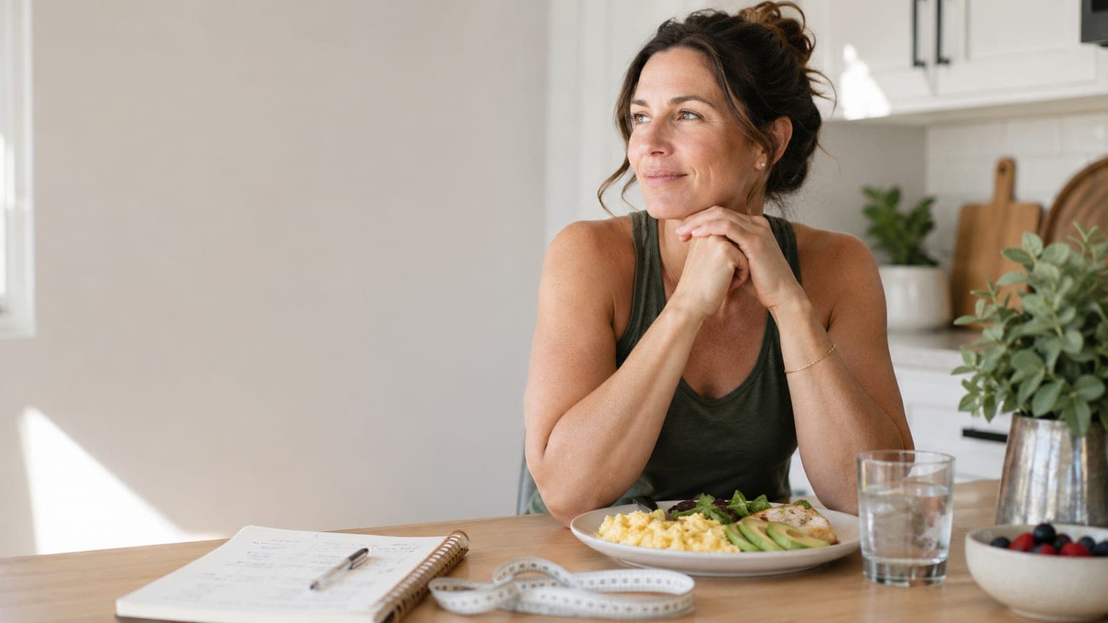 Woman in a sunlit kitchen with a protein-rich breakfast, representing the metabolic factors underlying PCOS symptoms.